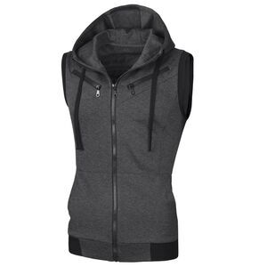 Sleeveless Slim Fit Hoodie Vest Zipper Drawstring Gilet Jacket with Pockets Gray